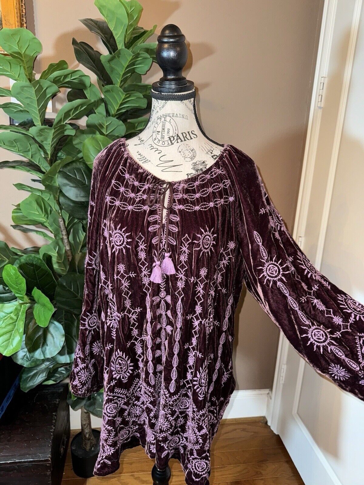 JOHNNY WAS XXL VELVET Eggplant Purple Embroidered Dress Peasant Top Tassels