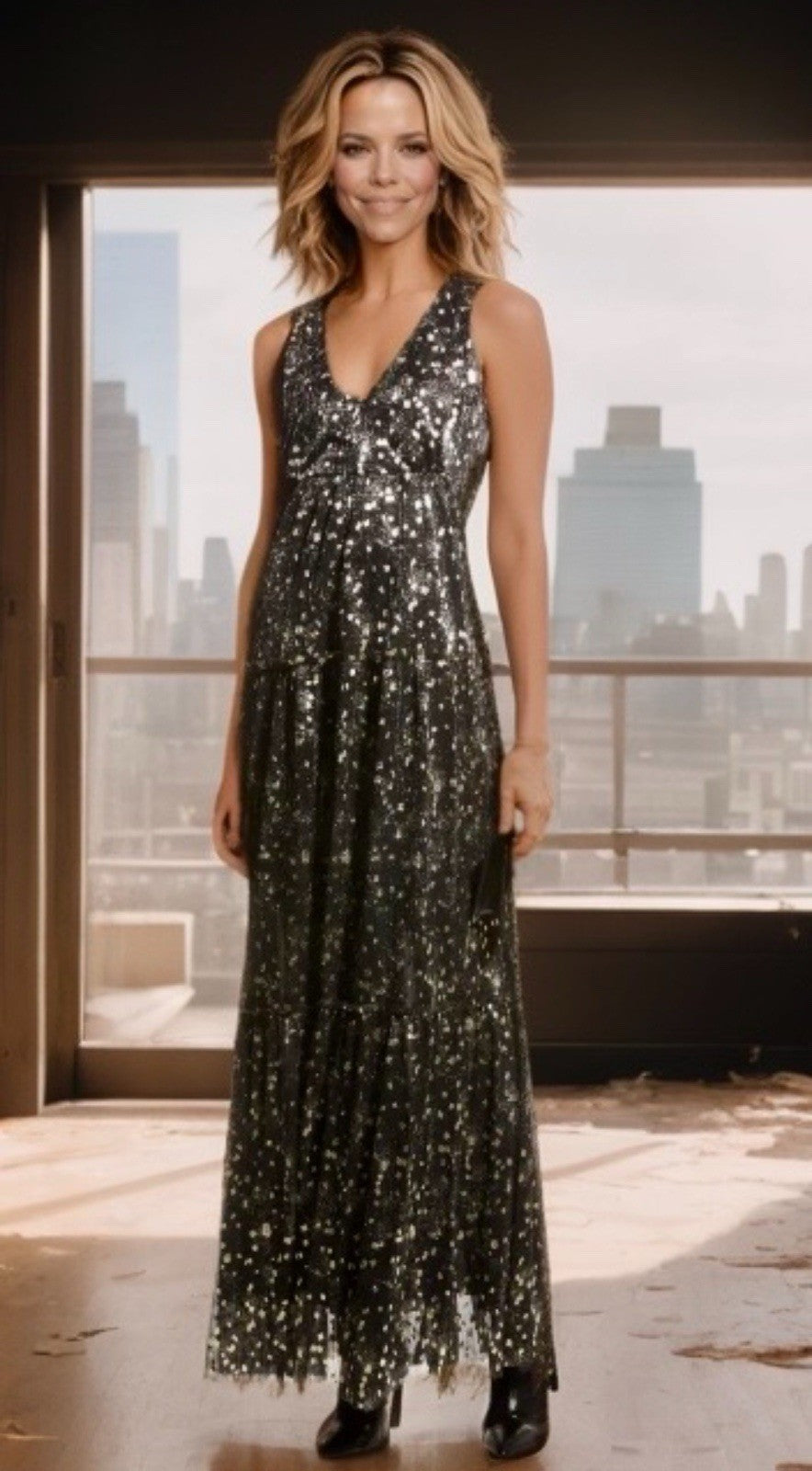 Johnny Was L Black & Gold Long Maxi Party Dress Sleeveless Pair W/ Kimono Johnny Was