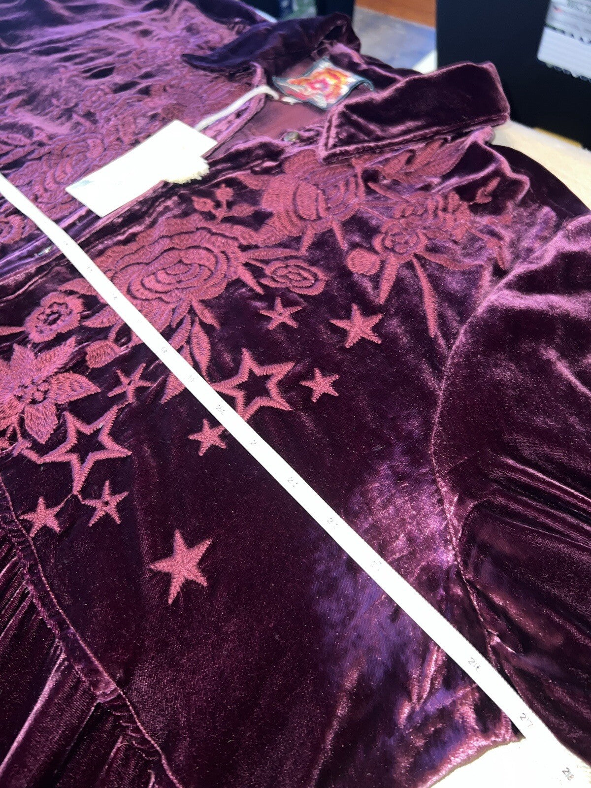 Johnny Was 1X Burgundy Wine Velvet Embroidered Shirt Tunic Top Button Up Johnny Was