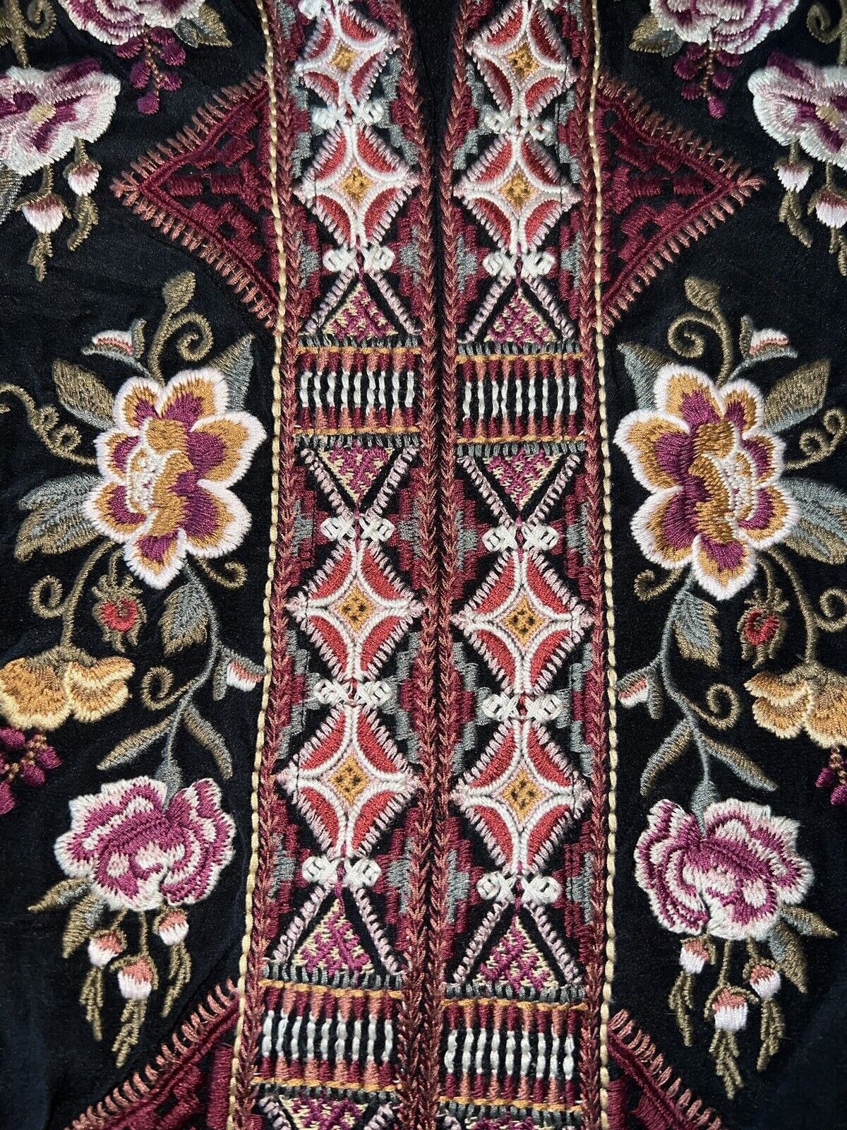 100% Silk Johnny Was Black Tunic Top XL 1X Kimono Embroidered Floral