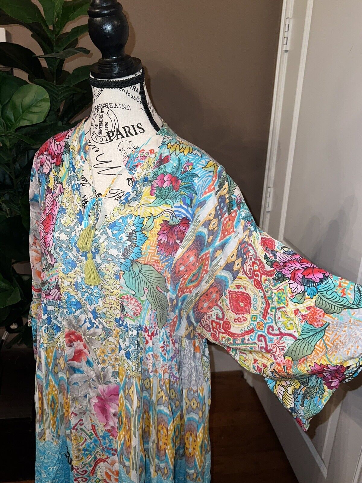 Johnny Was SZ L Large Cotton Floral Tunic Top Mini Dress Kimono Sleeves Tassels