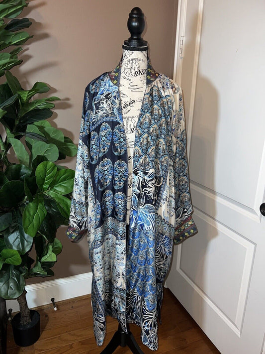 Johnny Was 100% Silk Long Kimono Wrap L Large REVERSIBLE Duster  CRANES