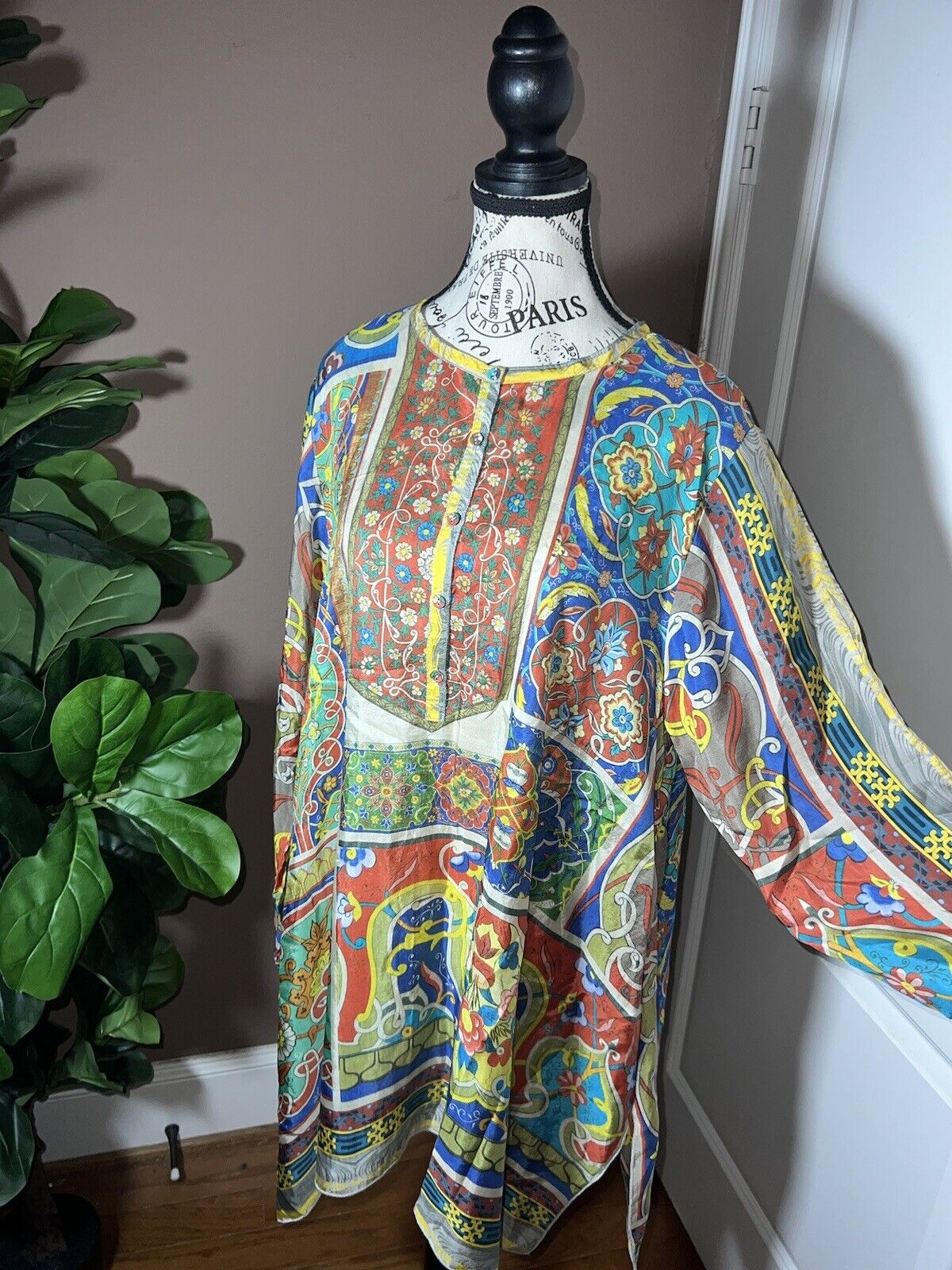 Johnny Was 100% Silk Long Sleeve Tunic Top Button Up Blouse Kimono Sz XL 1X 1XL