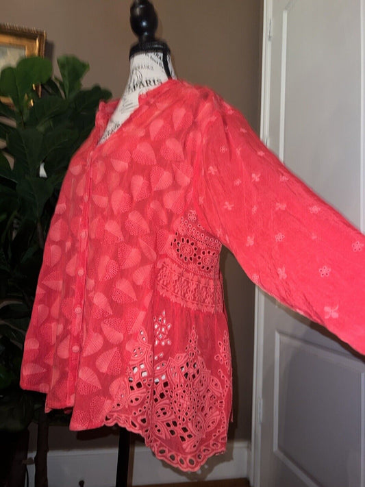 Johnny Was Sz XL Silky Coral Red Tunic Top Eyelet Embroidery