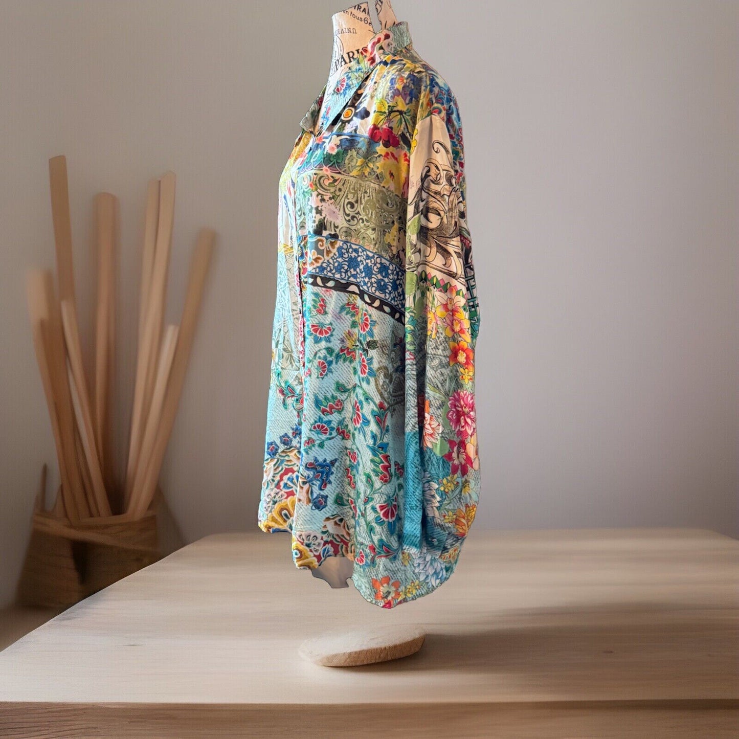 Johnny Was 3X 3XL 100% Silk Button Up Tunic Top Blouse Shirt Kimono L/S Johnny Was