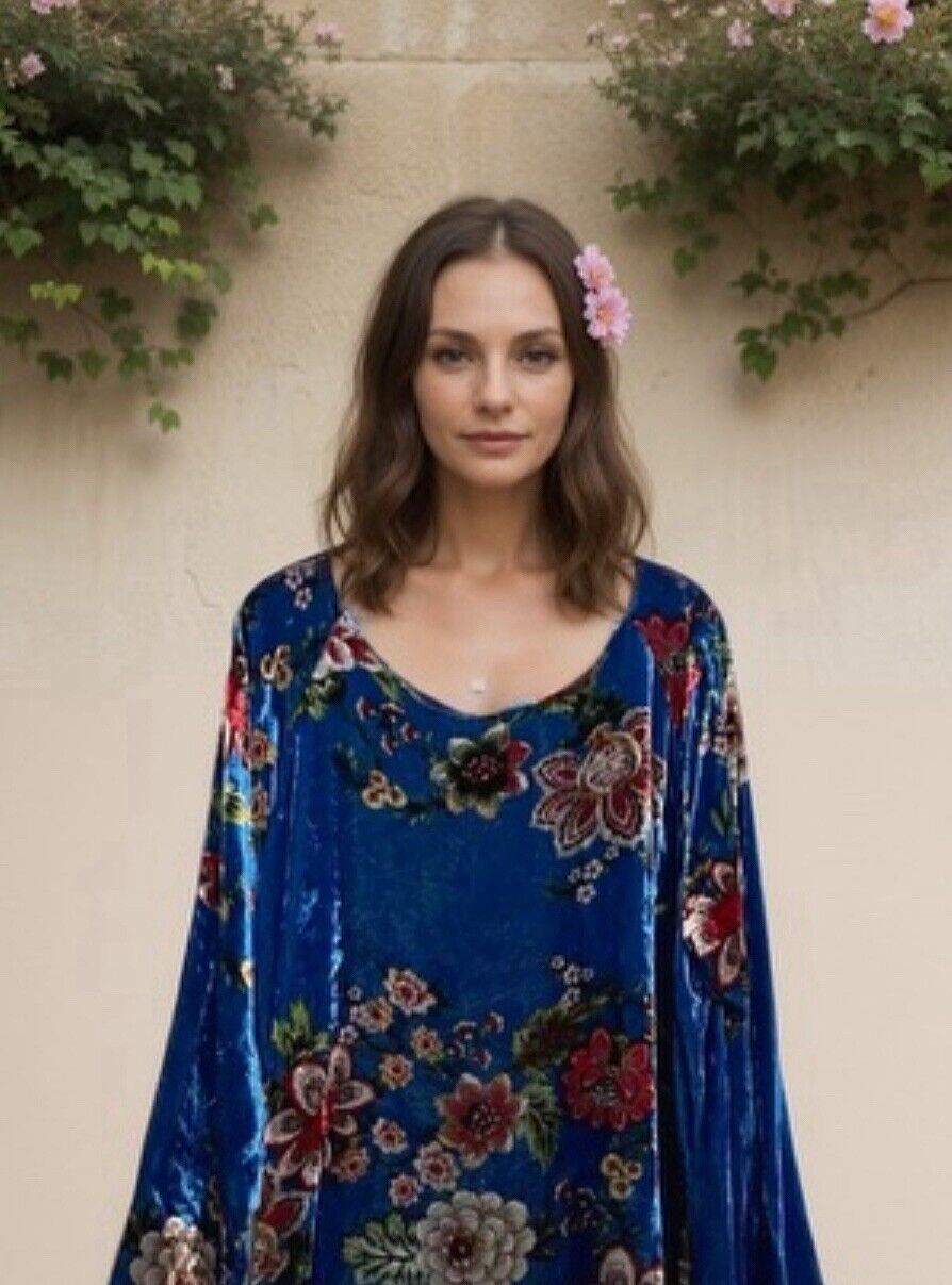 Johnny Was XL Blue Velvet Tunic Top Floral Long Sleeve Blouse Shirt Mini Dress