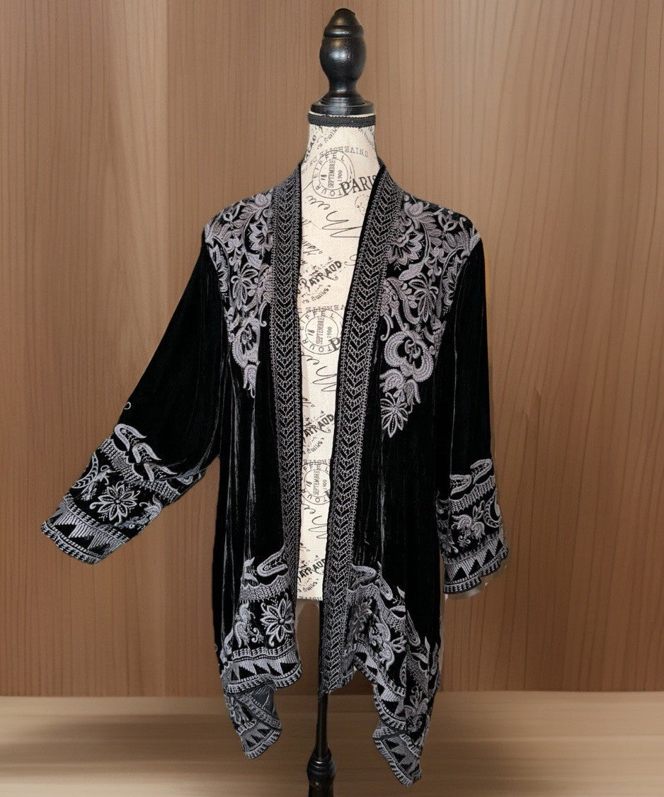 Johnny Was XL Black Velvet Kimono Duster  Cardigan Embroidery Handkerchief Hem Johnny Was