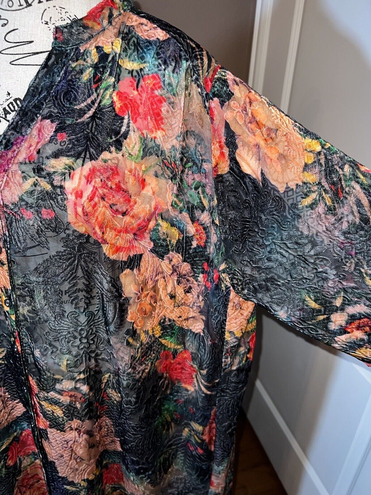 Johnny Was 1X XL Burnout Velvet Long Dress Kimono Duster Wrap Button Up