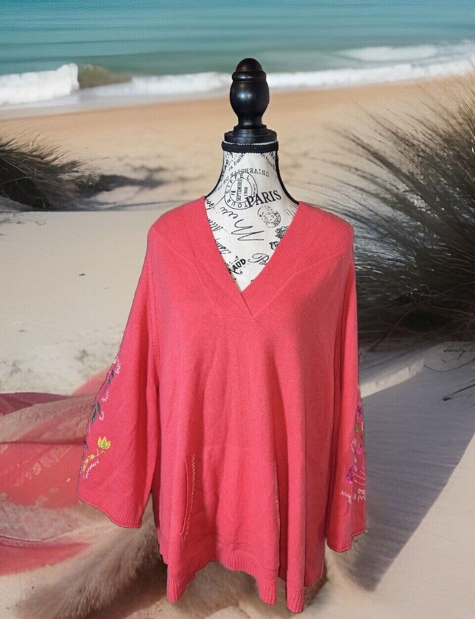 Johnny Was Watermelon Pink Cashmere Blend Pullover Embroidered SOFT XL