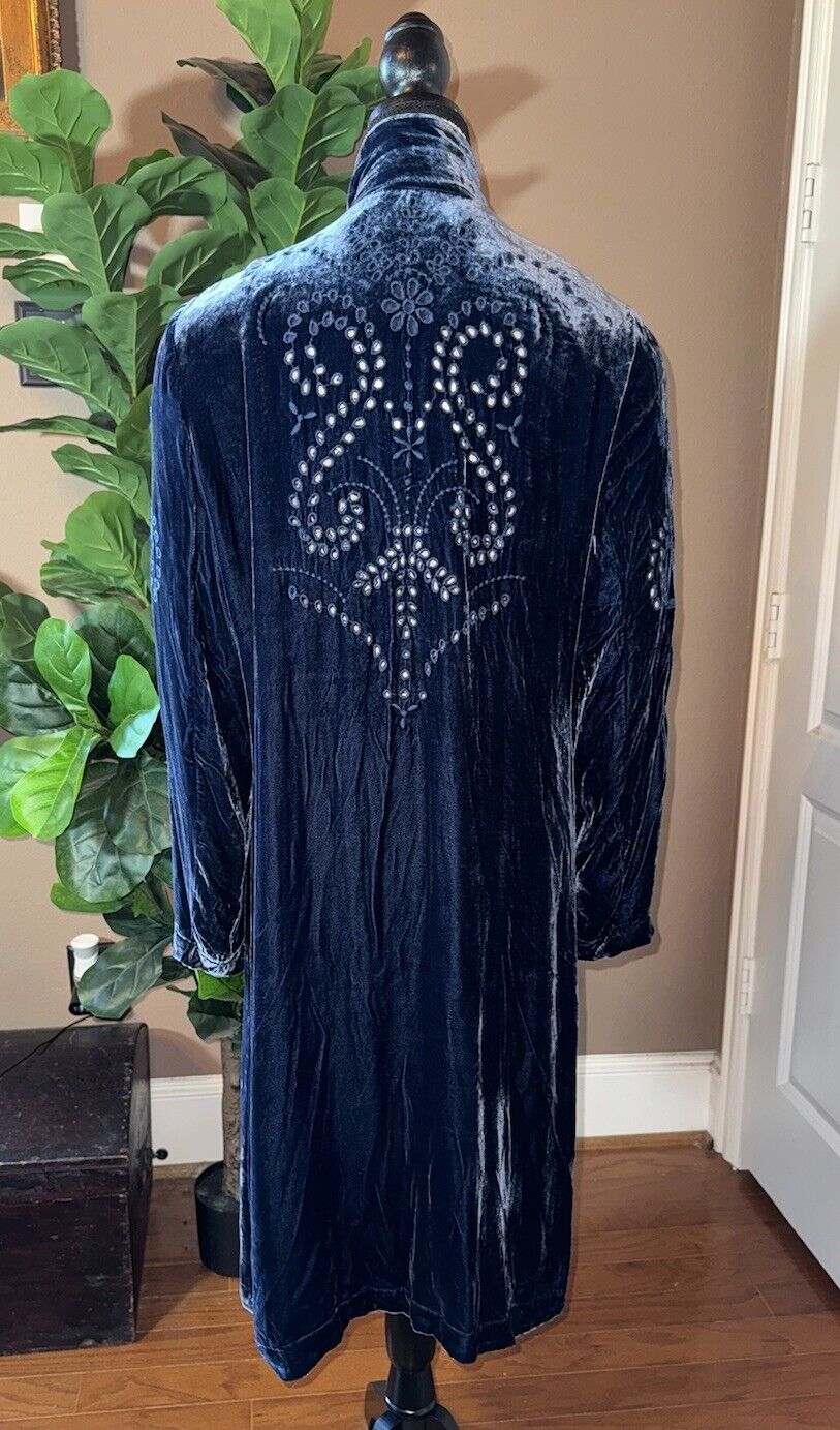 Johnny Was M Blue Velvet Long Kimono Duster Wrap Coat Eyelet Lace Cutout