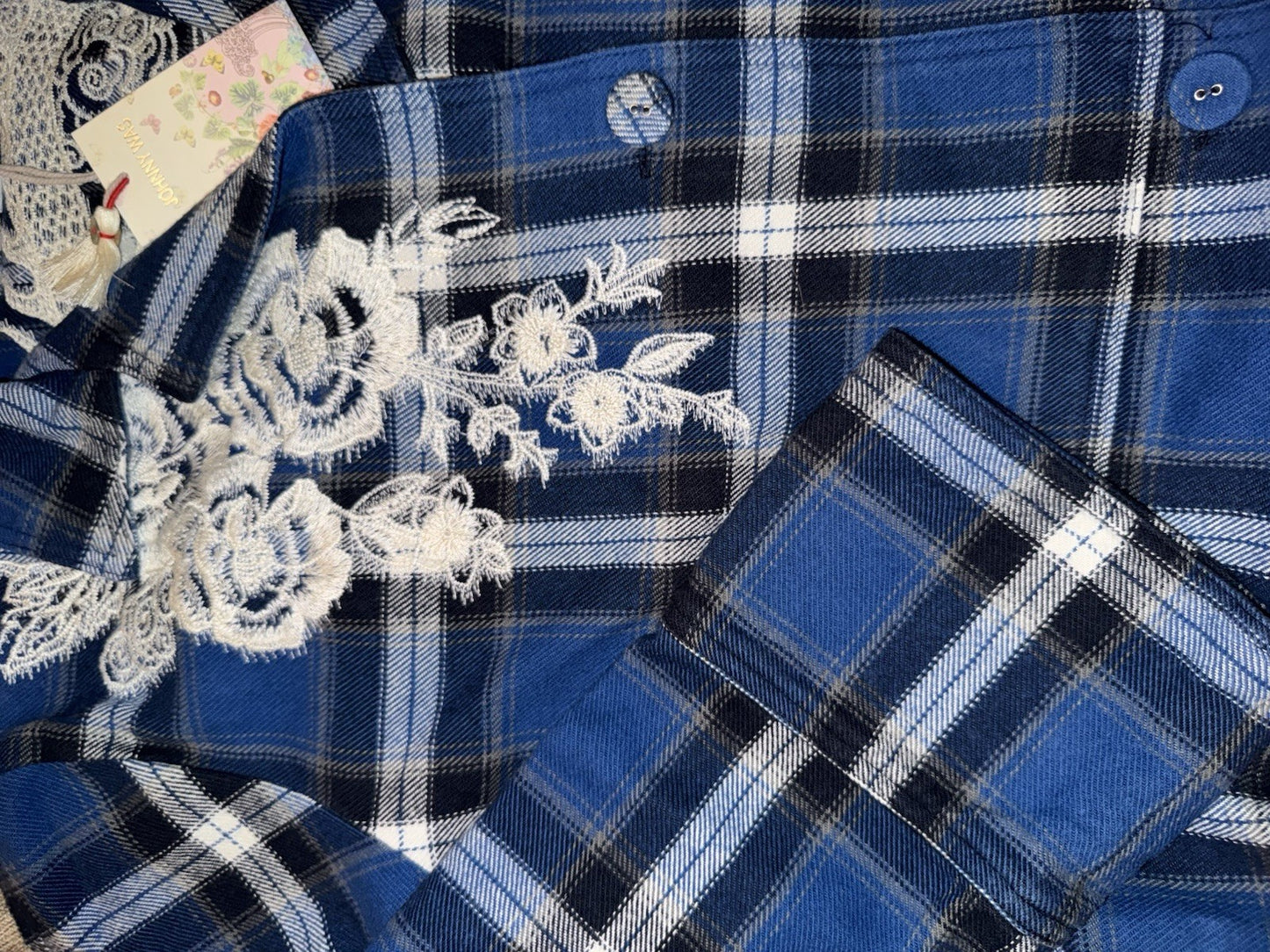 Johnny Was L Large Blue Plaid Trench Coat Jacket MIDI Embroidered Dragon Johnny Was