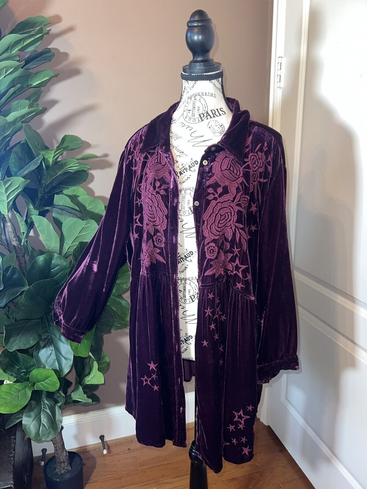 Johnny Was Burgandy Wine Velvet & Embroidered Tunic Top Kimono 1X 1XL XL