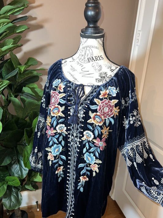 Johnny Was Blue Velvet Heavily Embroidered Tunic Top Mini Dress L Large