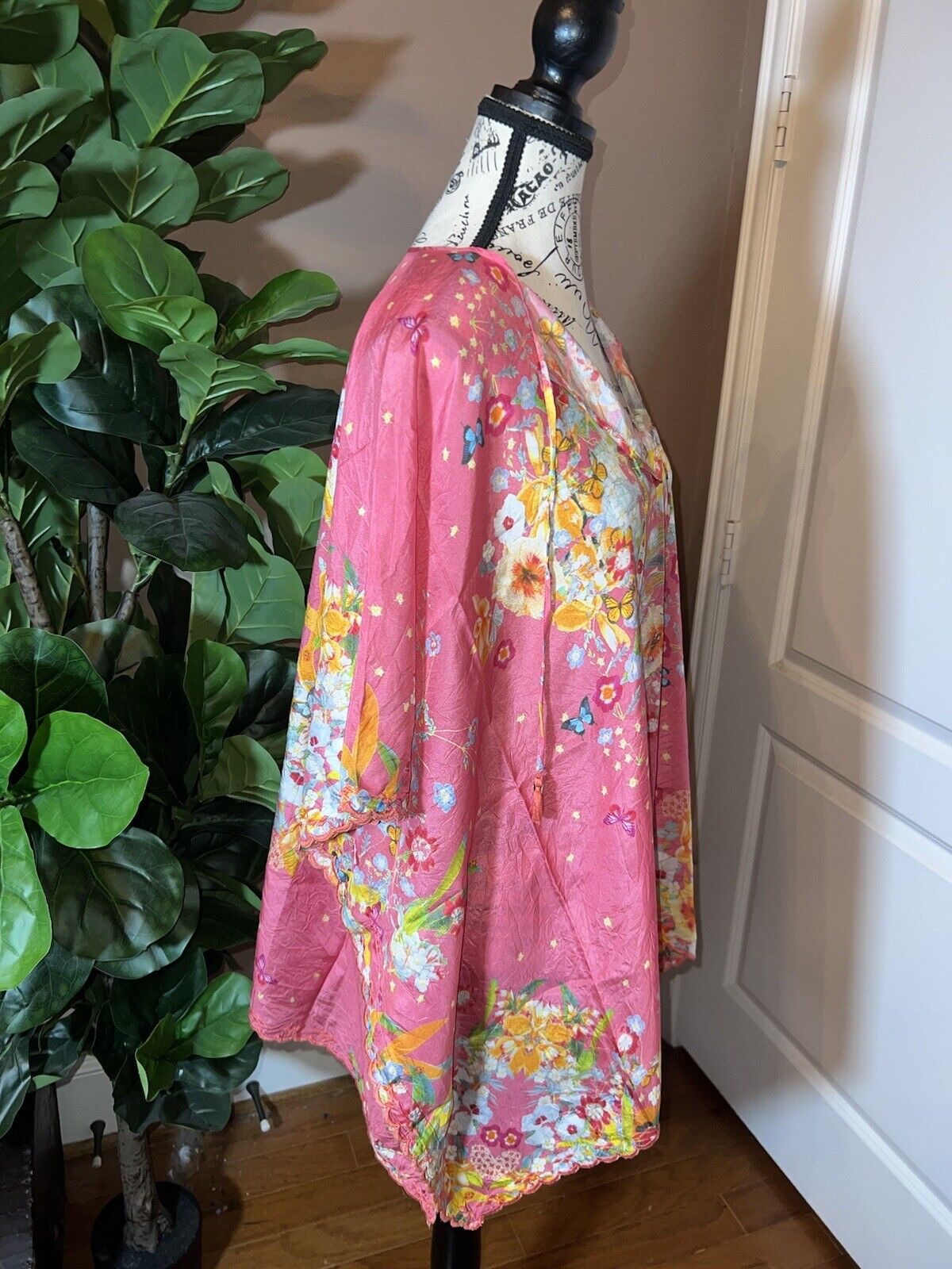 Johnny Was Pink O/S 100% Silk Kimono Wrap Top Cover Up Tassels Butterflies Flora