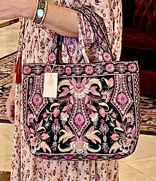 Johnny Was Large Black Velvet Hobo Bag Tote Purse Embroidered Crossbody Johnny Was