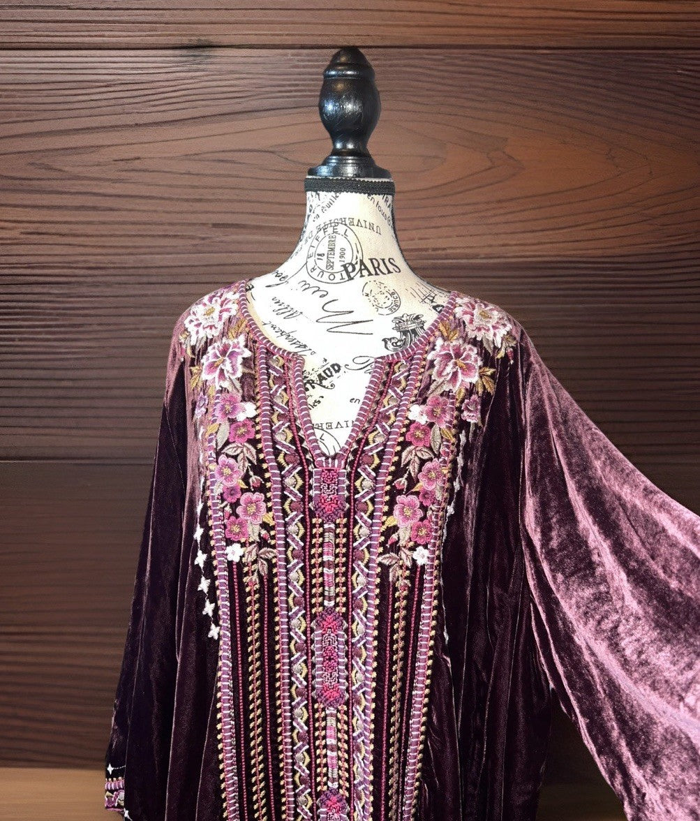 Johnny Was XL Wine Velvet Peasant Blouse Embroidered Tunic Top Kimono Sleeve Johnny Was