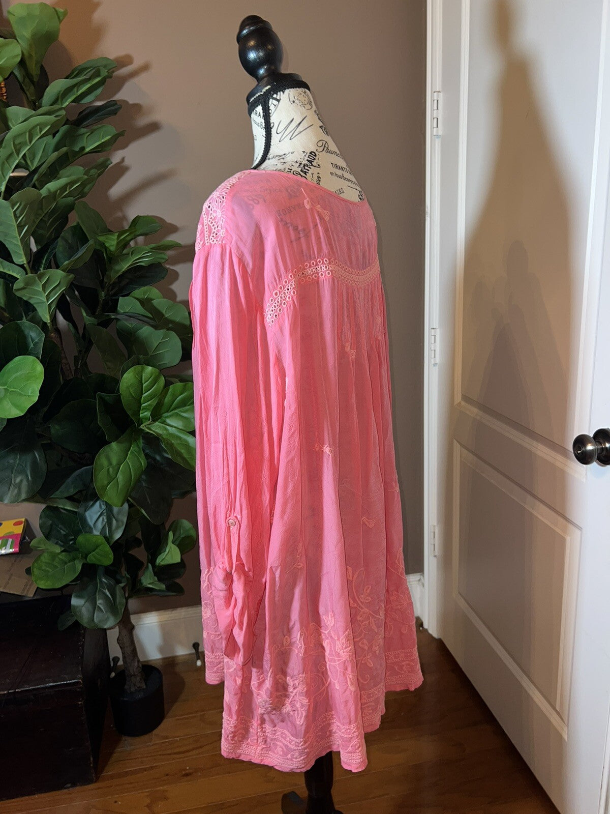 Johnny Was 2X Embroidered Tunic Top Pink Eyelet Lace Peasant Blouse Mini Dress Johnny Was