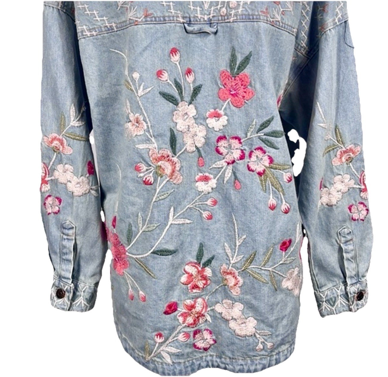 Johnny Was XL Denim Jacket Shacket Coat Embroidered Roses Light Wash Johnny Was
