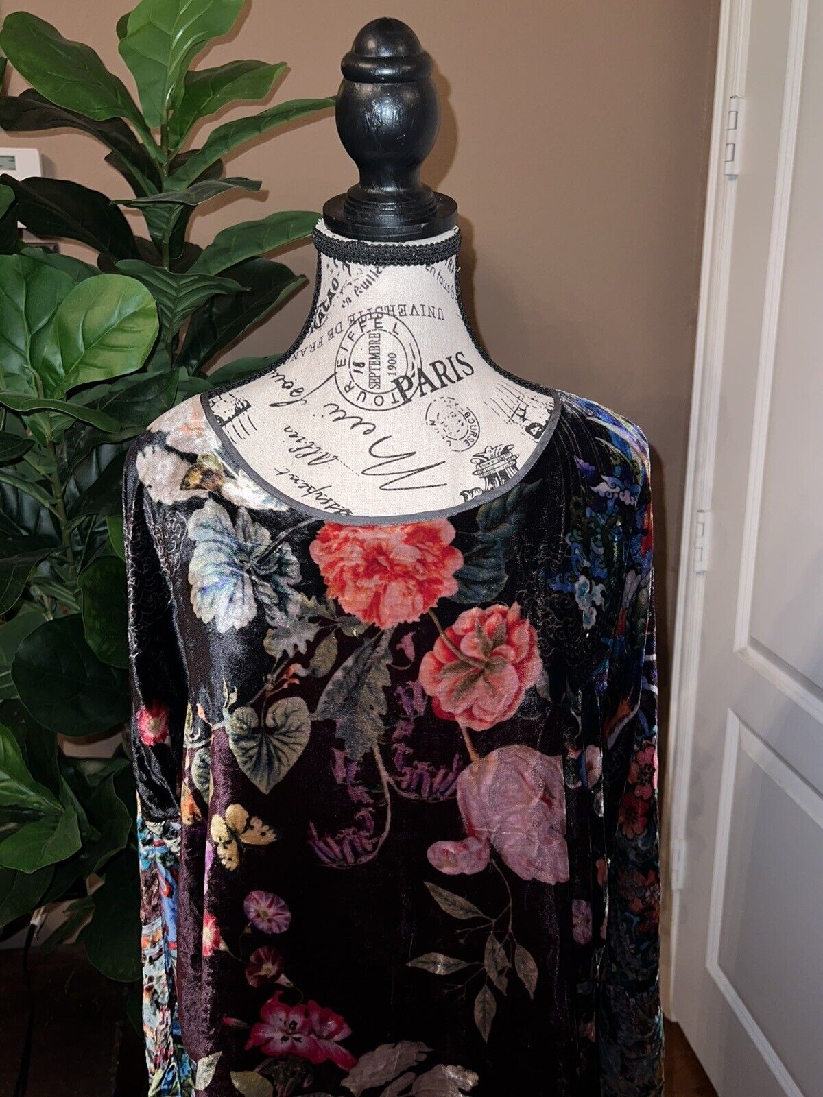 Johnny Was Floral Velvet Tunic Top Mini Dress Long Sleeve Sz XL Kimono Wrap