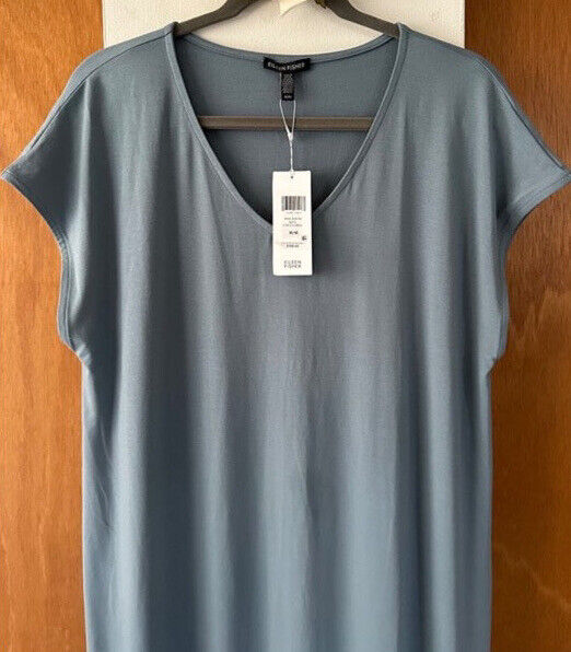 Eileen Fisher V Neck C/L  MIDI Dress Soft Blue Beautiful Sz M.