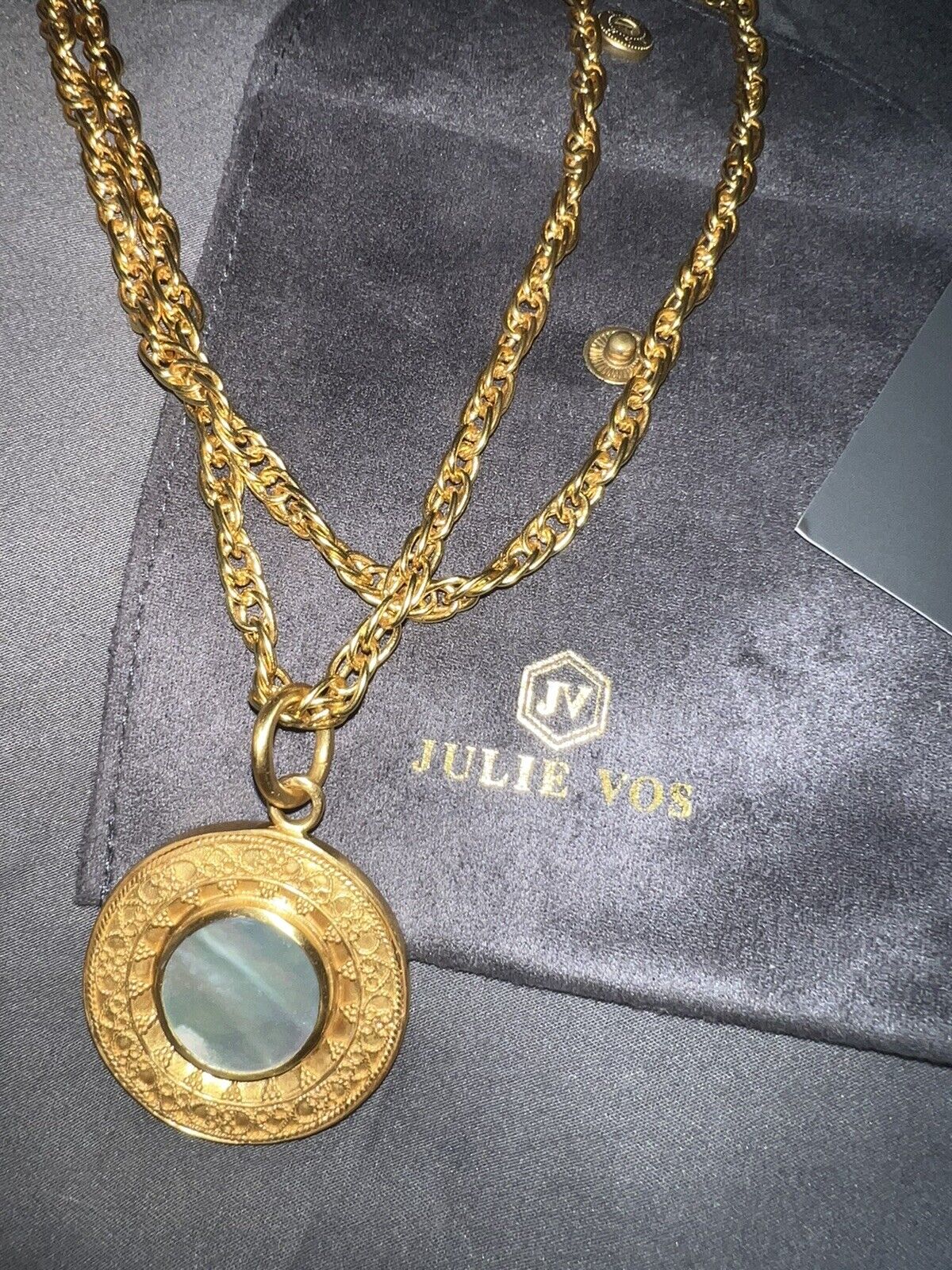 Julie Vos Medallion Pendant Necklace REVERSIBLE 24k Plated Chain Pearl