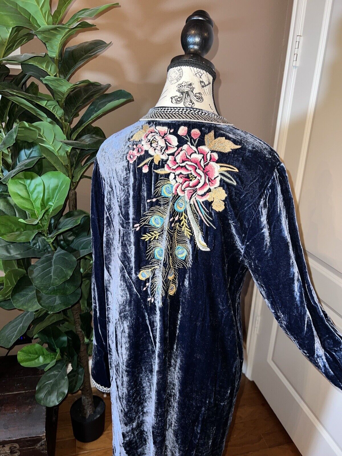 Johnny Was XL 1X Blue Velvet Kimono Mini Dress Peacock Feather Embroidery