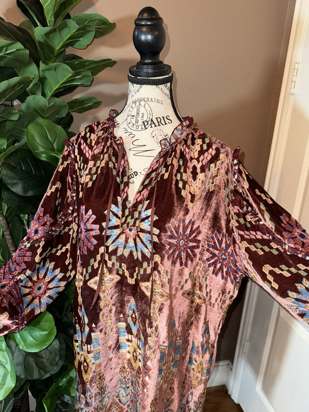 Johnny Was Brick Red Geometric Burnout Velvet Tunic Top L Large Peasant Johnny Was