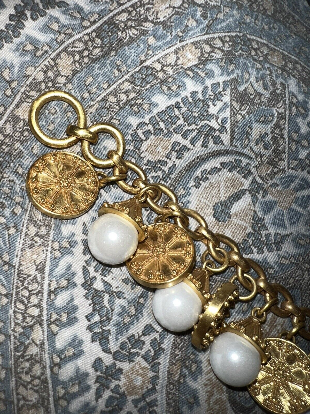 Julie Vos Pearl & Medallion Charm Link Bracelet Toggle 24k Gold Plated