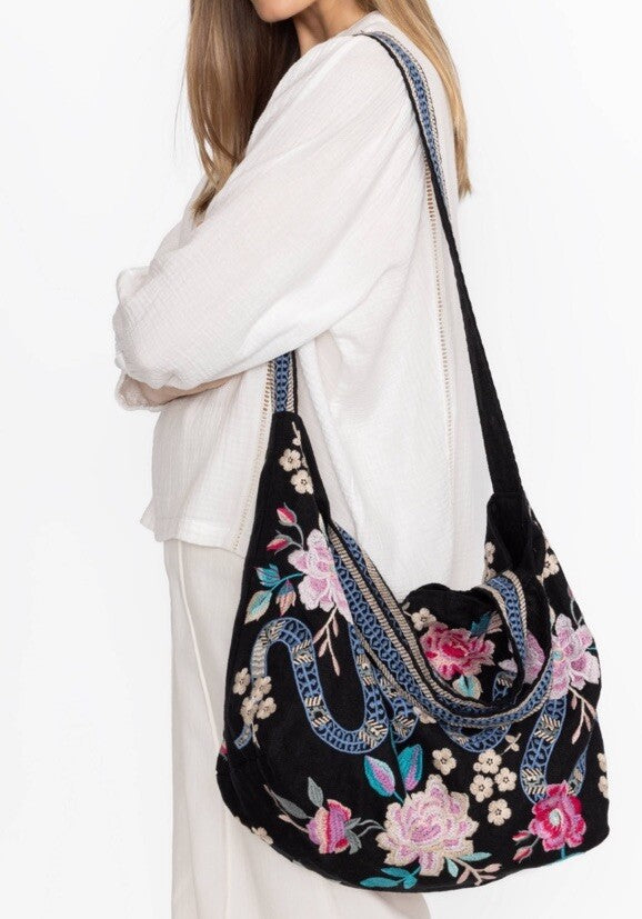 Johnny Was Large Black Embroidered Hobo Bag Tote Purse Crossbody Snakes & Roses Johnny Was