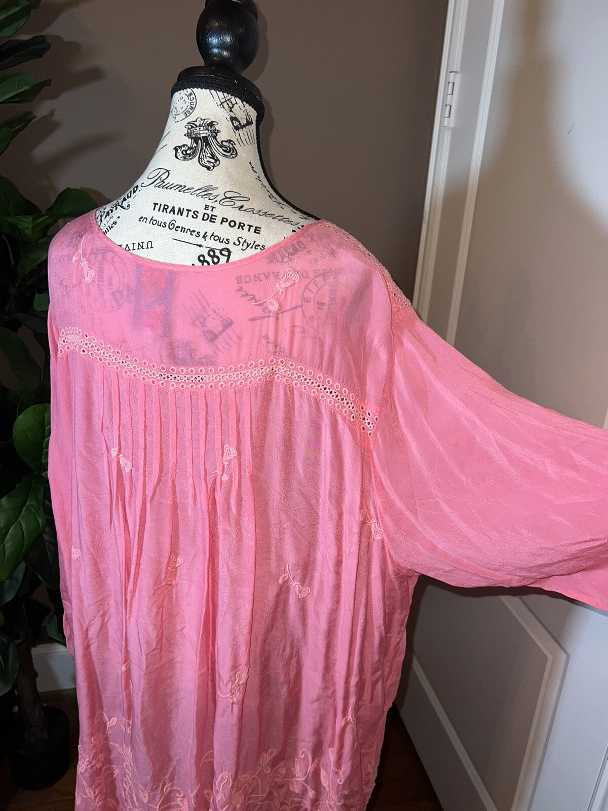 Johnny Was 2X Embroidered Tunic Top Pink Eyelet Lace Peasant Blouse Mini Dress Johnny Was