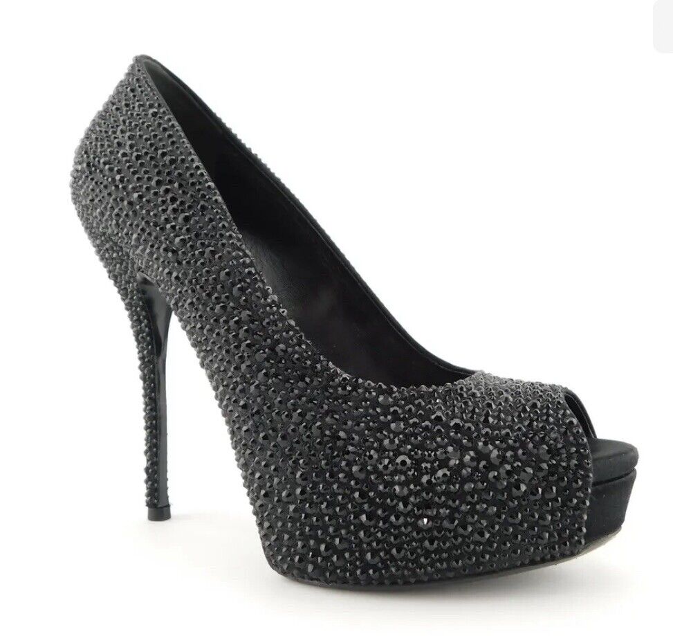 GUCCI Size 9 Black Crystal ETOILE SOFIA Open Toe Heels Pumps Shoes 39 !!!