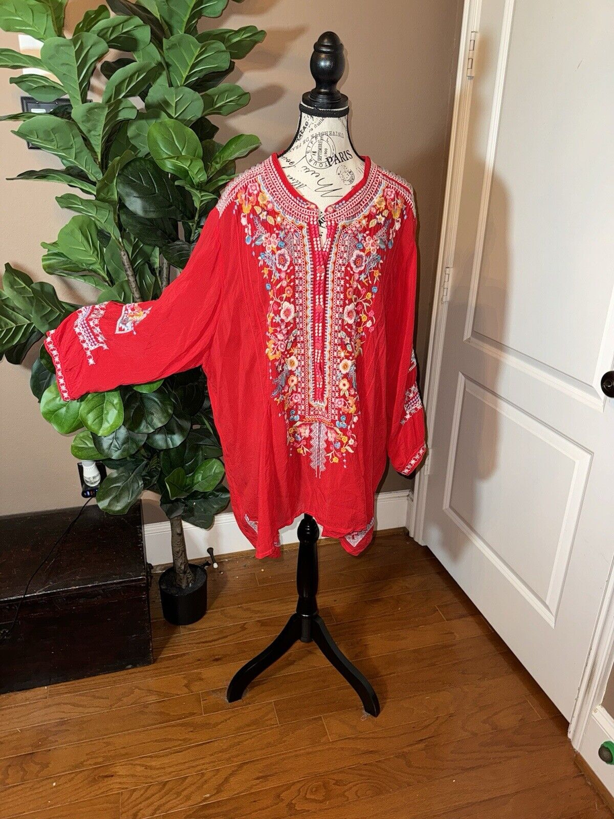 Johnny Was 3x 3XL Tunic Top Red Silky Handkerchief Hem Peasant Blouse