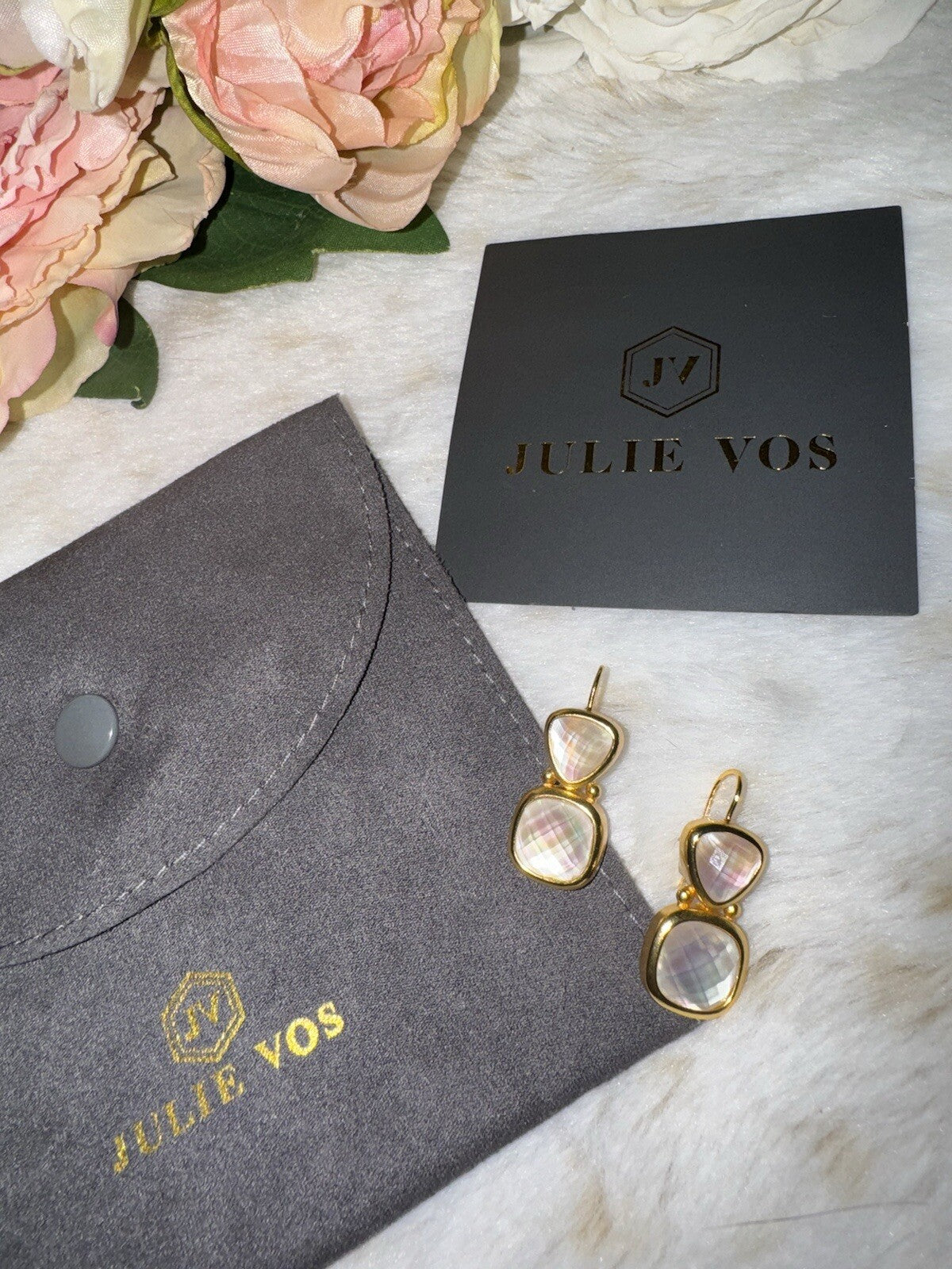 Julie Vos Iridescent Clear Drop Earrings 24k Gold Plated   STUNNING Julie Vos