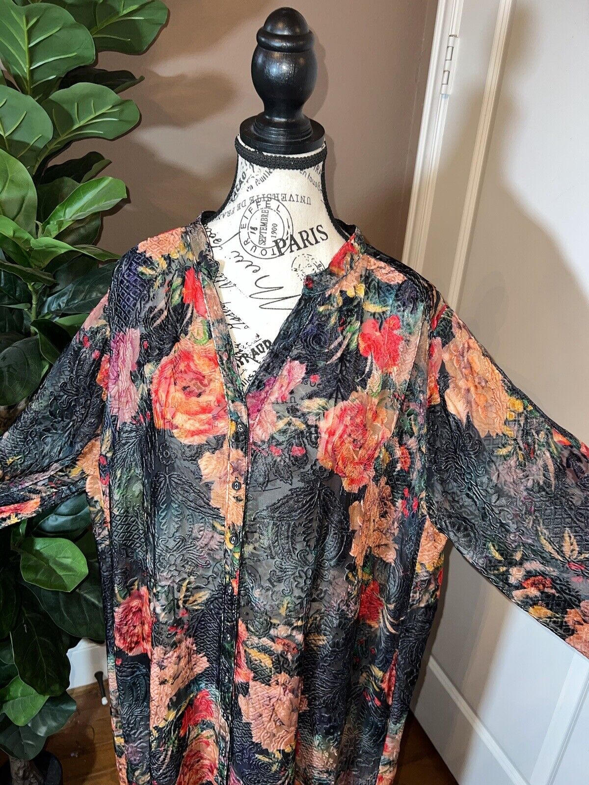 Johnny Was 1X XL Burnout Velvet Long Dress Kimono Duster Wrap Button Up