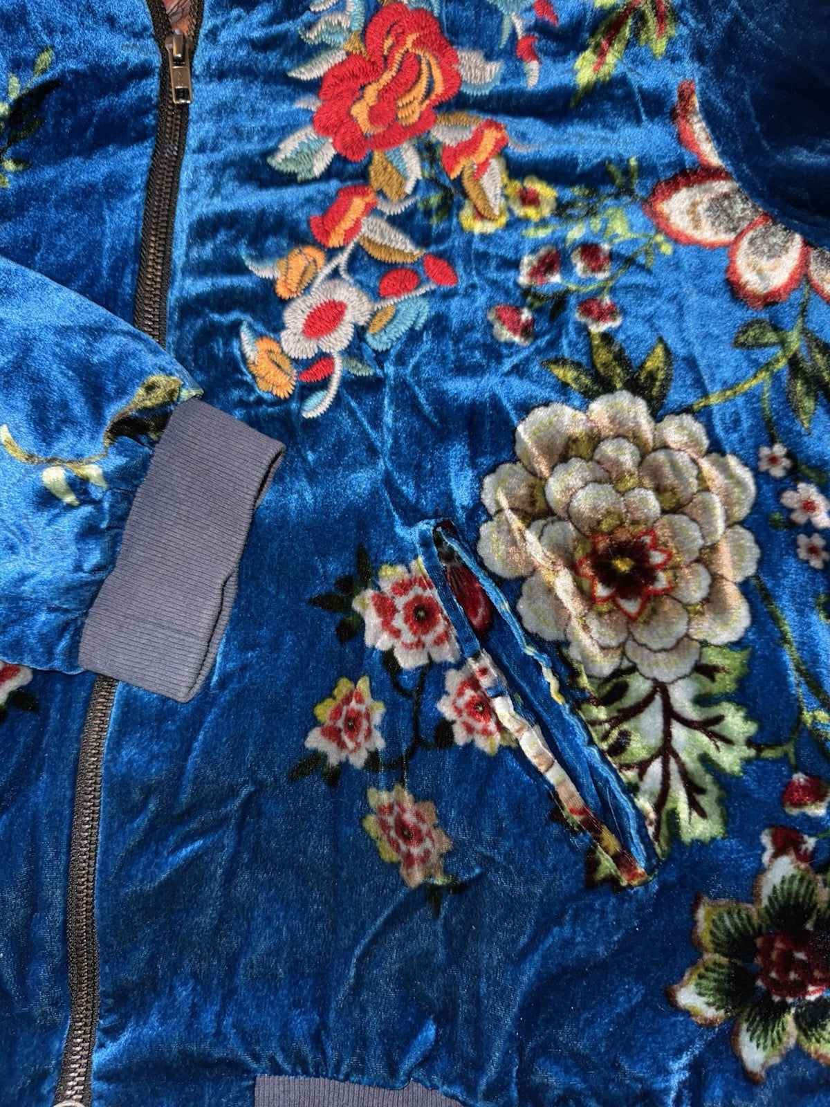 Johnny Was L Blue Velvet Bomber Jacket Flight Coat Floral Lightweight Warm Soft Johnny Was