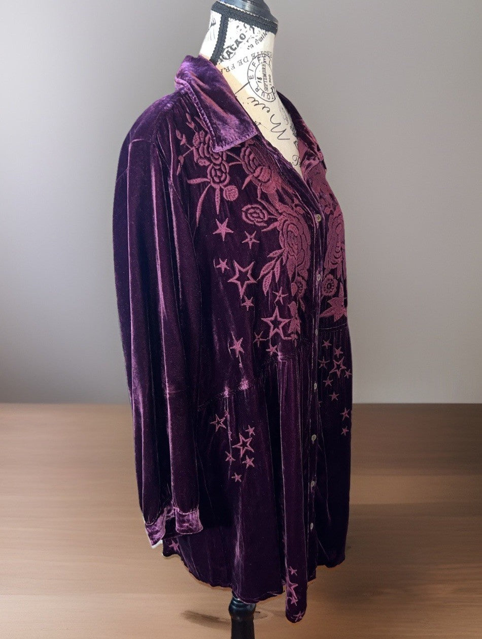 Johnny Was 1X Burgundy Wine Velvet Embroidered Shirt Tunic Top Button Up Johnny Was