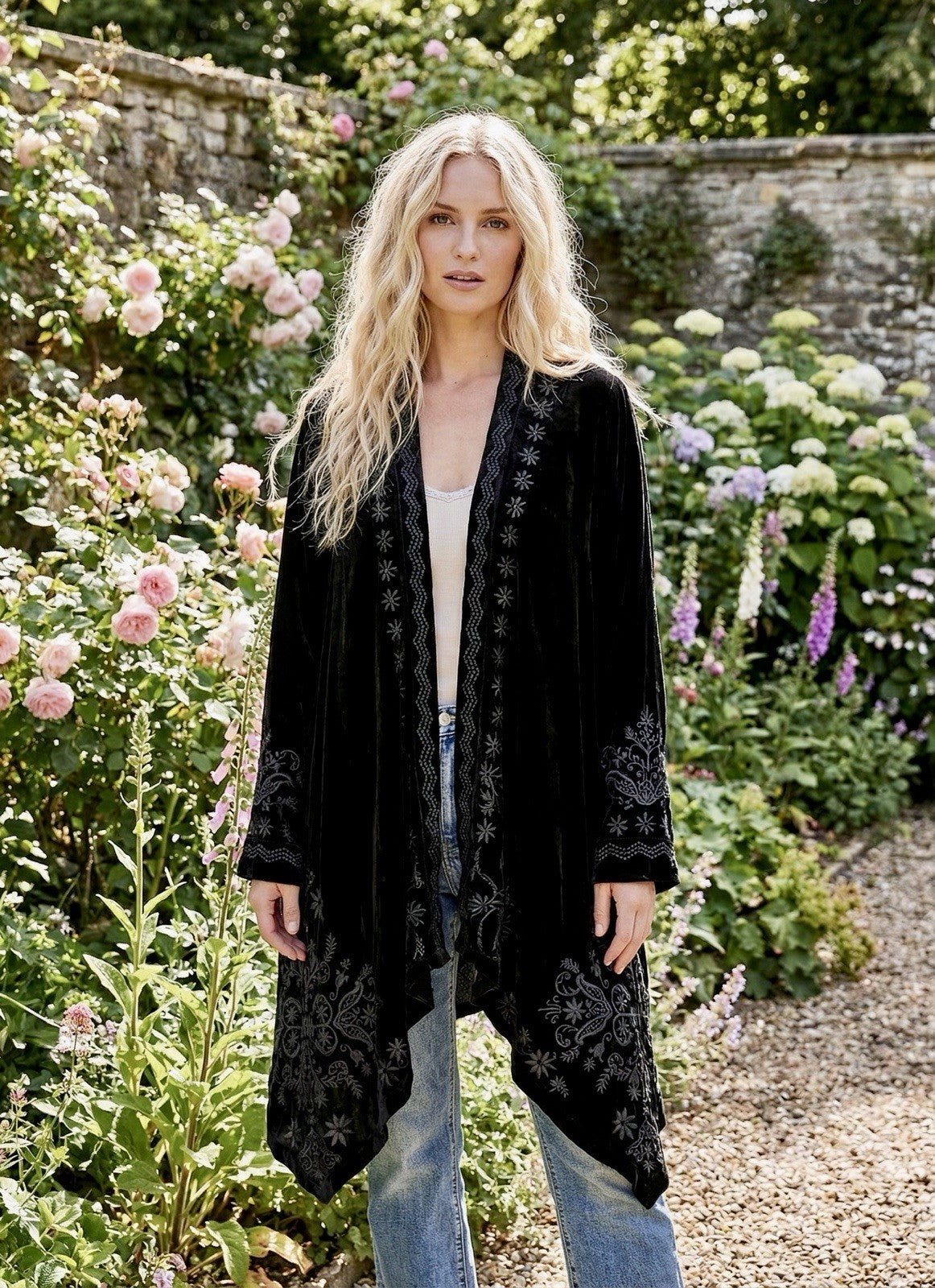 Johnny Was XL Black Velvet Kimono Wrap Cardigan Tonal Cross Embroidery Back Johnny Was