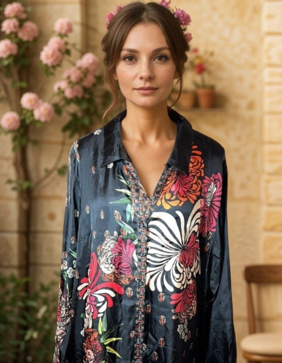 Johnny Was XL 100% Silk Black & Red Floral Blouse Button Up Tunic Top Mini Dress Johnny Was