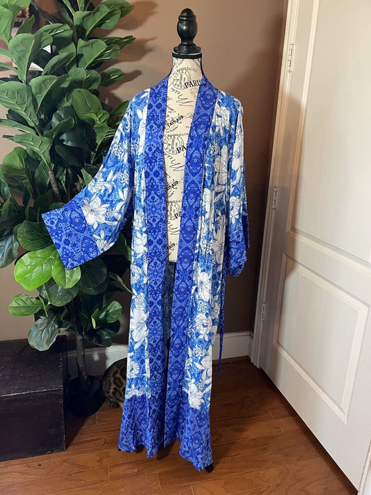 Johnny Was Sz XXL 2X Long Silky Duster Kimono BLUE & White Full Length