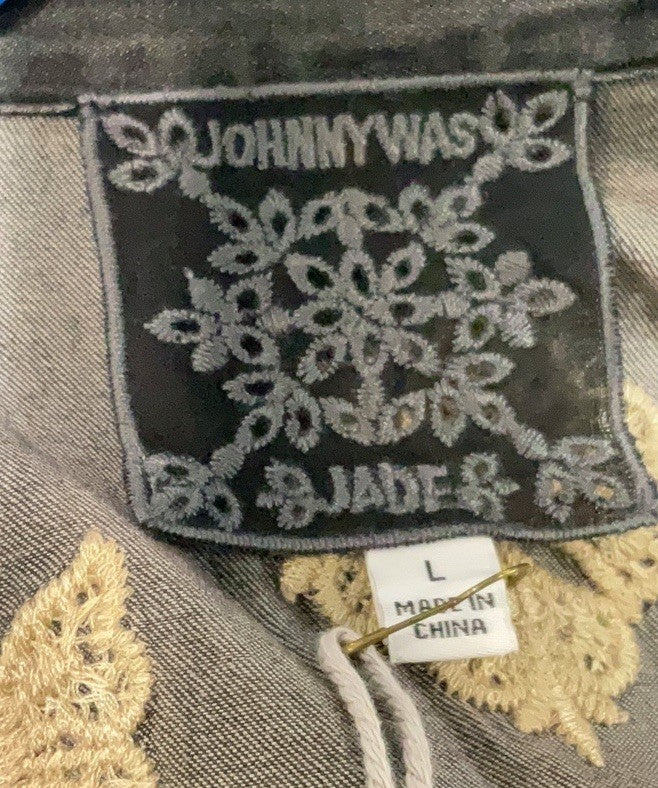 Johnny Was L Black Denim Button Up Shirt Jacket Coat Embroidered Light Wash Johnny Was