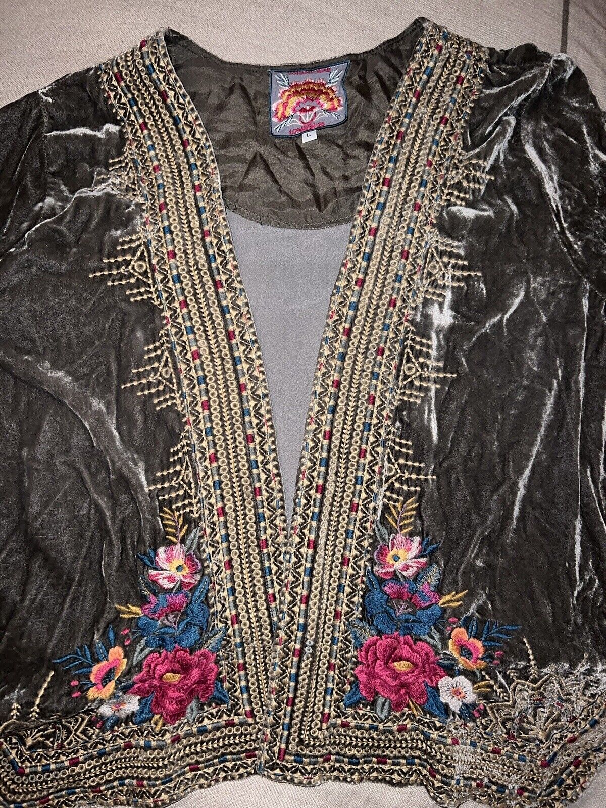 Johnny Was Olive Velvet & Silk Kimono Wrap Jacket Sz L Embroidered Roses