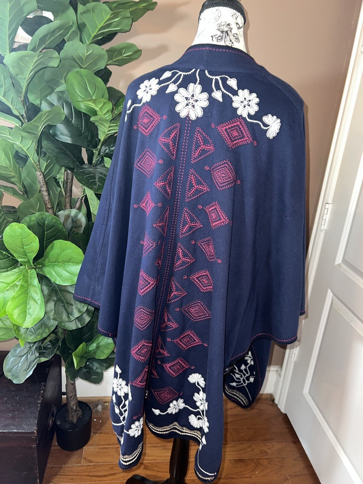 Johnny Was Navy Blue & Red French Terry 3X Kimono Wrap Poncho Coat Jacket Johnny Was