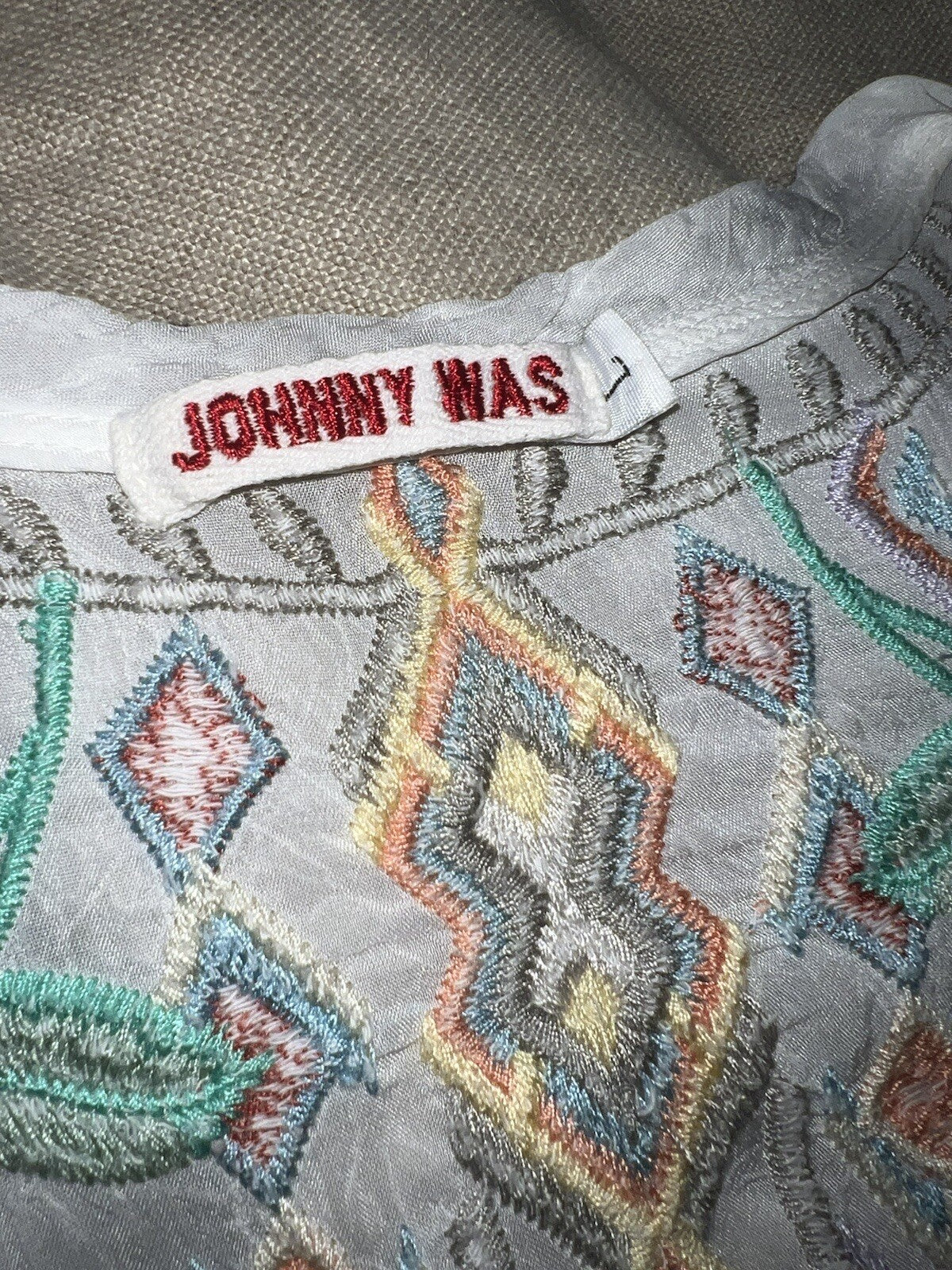 Johnny Was L Silky White Button Up Cool Embroidered Peasant Blouse Top Tunic Johnny Was