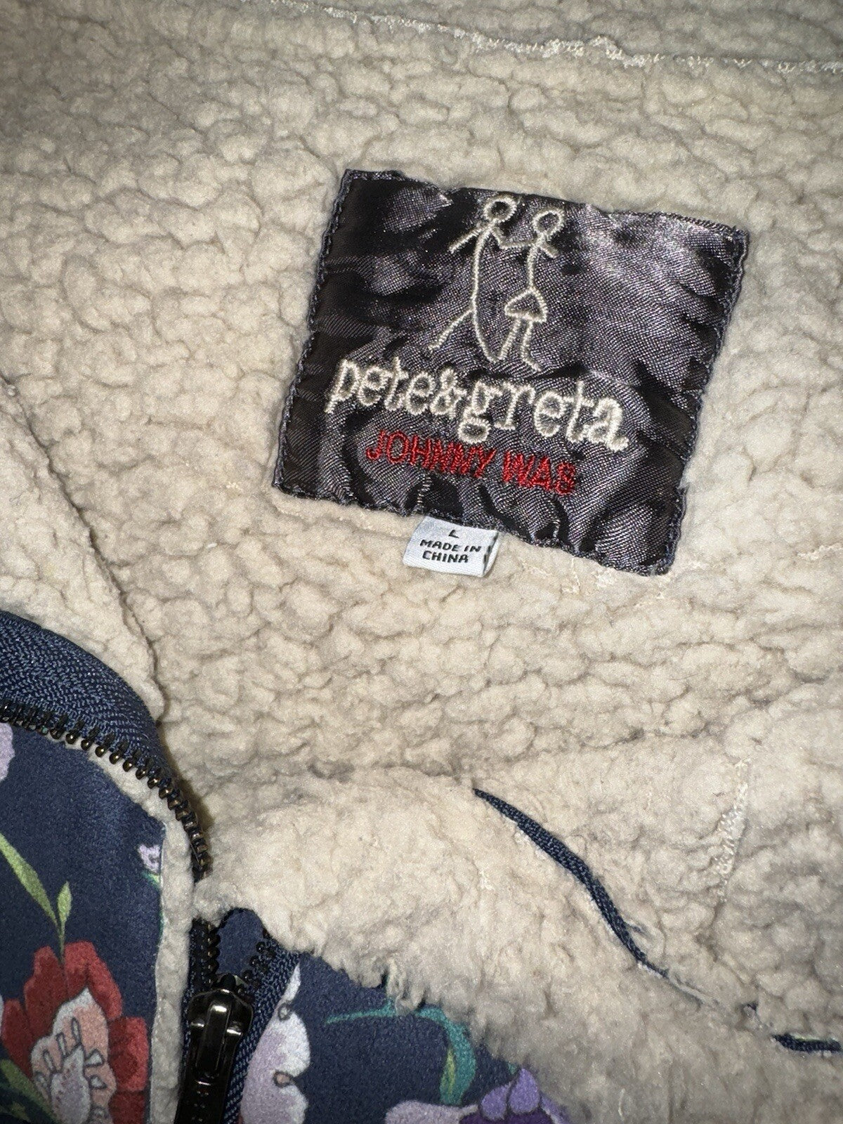 Johnny Was L Navy Blue Coat Jacket Faux Suede & Shearling Oversized Floral Johnny Was Pete & Greta