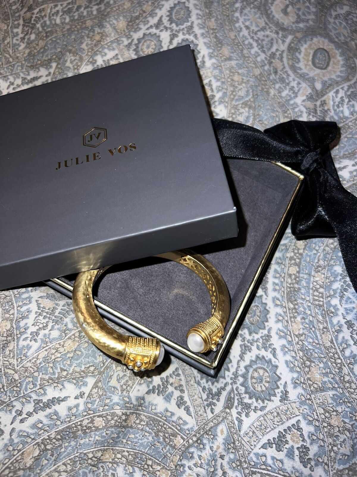 Julie Vos Hinged Bangle Cuff Bracelet Pearls & 24k Gold Plate