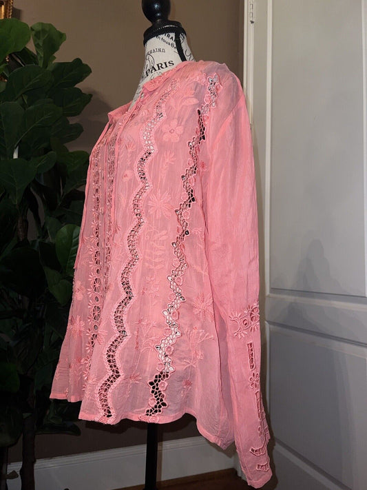 Johnny Was XL Coral Pink Long Sleeve Button Up Tunic Top Eyelet Embroidery