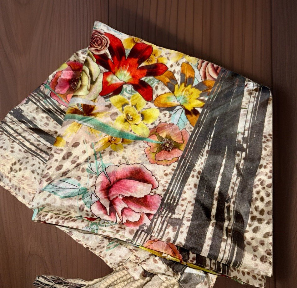 Johnny Was 100% Silk Scarf w/ Tassels Animal Print & Roses Leopard Jungle Rose Johnny Was