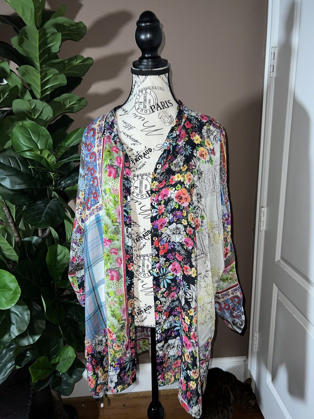 Johnny Was Silky Floral Patchwork Button Up Long Sleeve Tunic Top L  Kimono