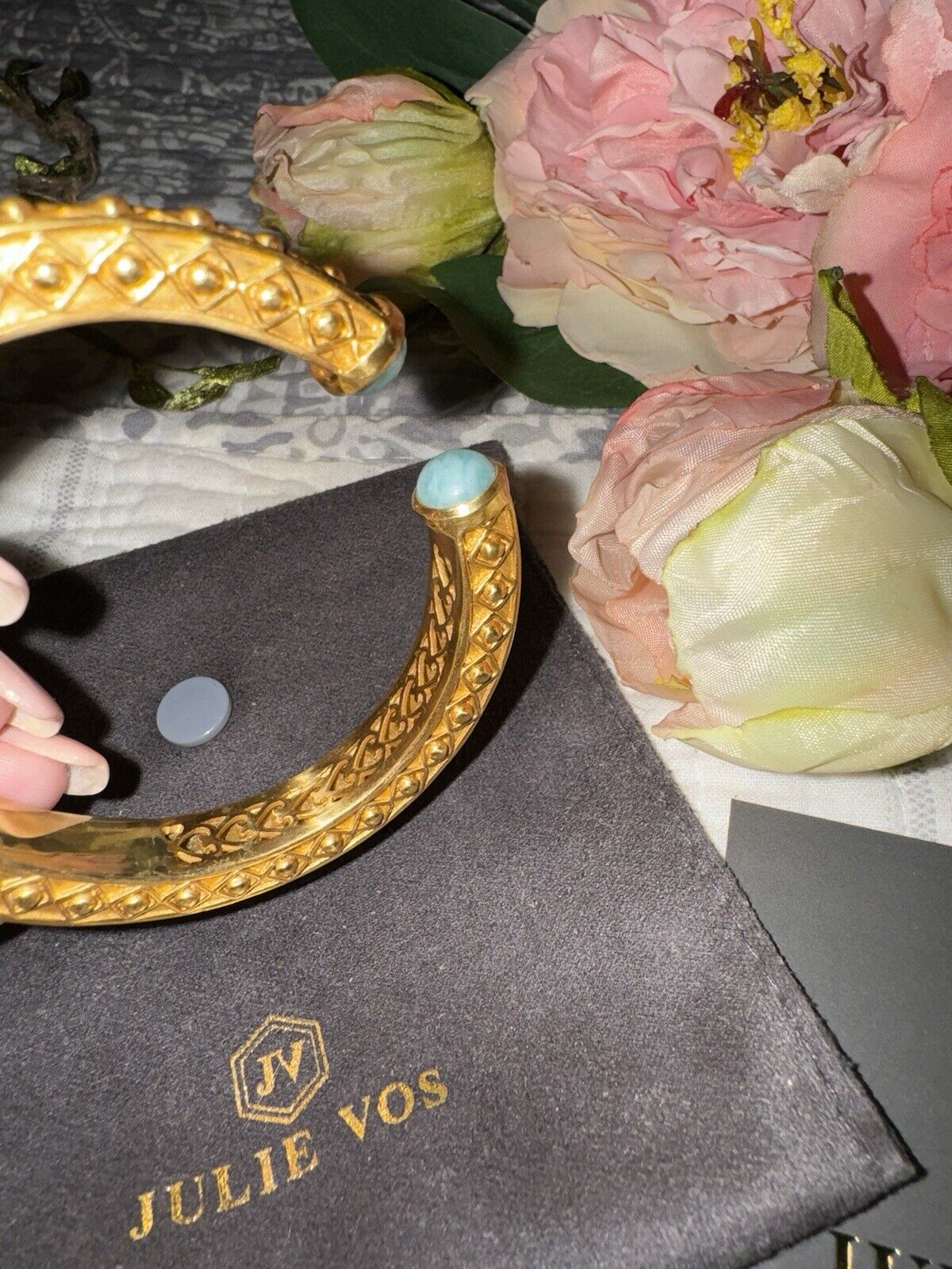 Julie Vos Cuff Hinged Bangle Bracelet 24k Gold Plate & Turquoise Blue Stone RARE