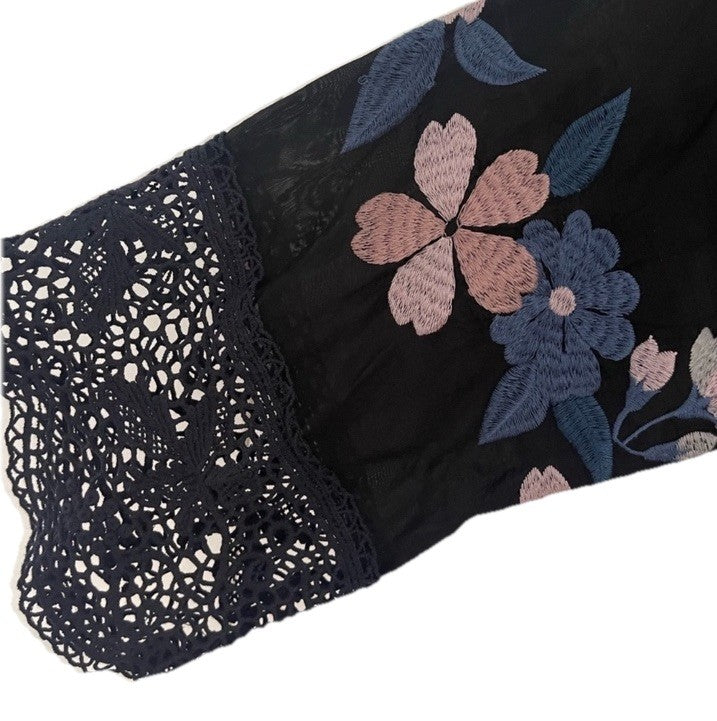 Johnny Was L Black Peasant Blouse Tunic Top Embroidered Lightweight Cool BOHO Johnny Was